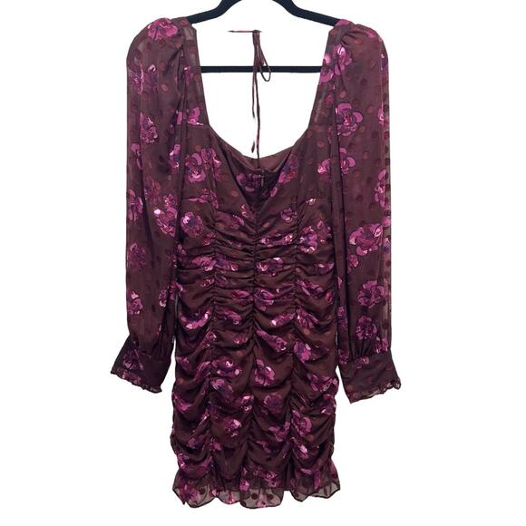 ASTR | Rosalee Floral Mini Dress Small Burgundy Ruched Long Sleeve Dark Romantic - Picture 4 of 16
